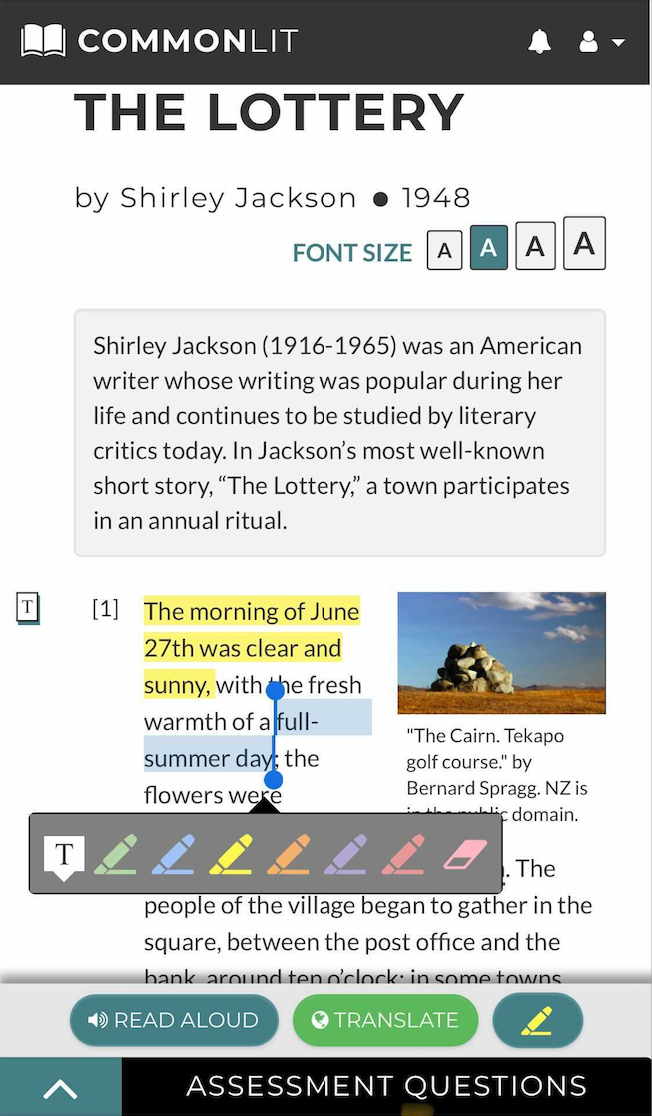 The CommonLit lesson "The Lottery" with the annotation and highlighting tool open.