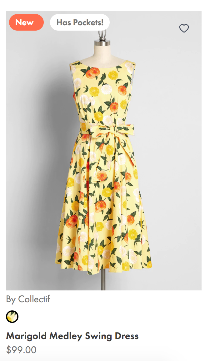 A dress from ModCloth has a tag saying “Has Pockets!” in the upper left corner of the product image