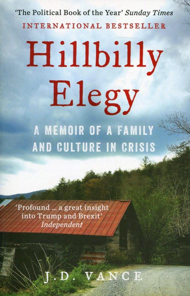 Book cover of the international bestseller, “Hillbilly Elegy”