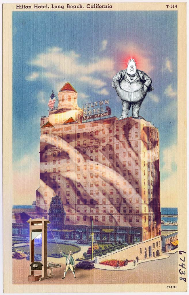 A vintage postcard depicting a seaside Hilton hotel. The hotel is full of intestinal worms, and perched atop it is a ‘fat cat’ caricature of a rich guy with a money-bag for a head. In front of the hotel is a guillotine. Image: SuSanA Secretariat (modified) https://www.flickr.com/photos/gtzecosan/16424898321 CC BY 2.0: https://creativecommons.org/licenses/by/2.0/