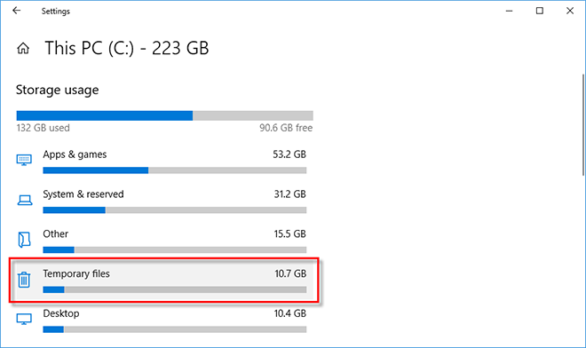 click on Temporary files