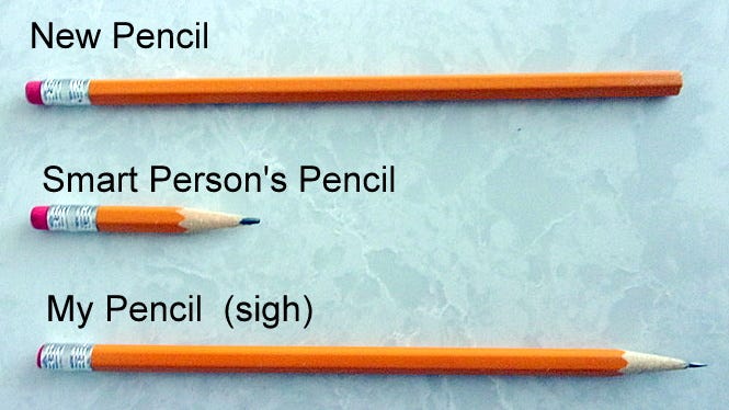 Three pencils laid in a row. A new pencil, and smart person’s short pencil with a large eraser left, and a long pencil with no eraser left.