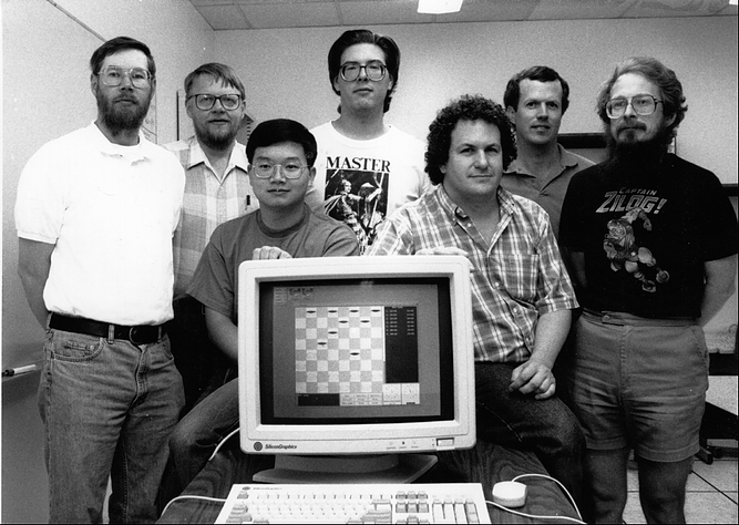 From left to right: Duane Szafron, Joe Culberson, Paul Lu, Brent Knight, Jonathan Schaeffer, Rob Lake, and Steve Sutphen. Our checkers expert, Norman Treloar, is missing