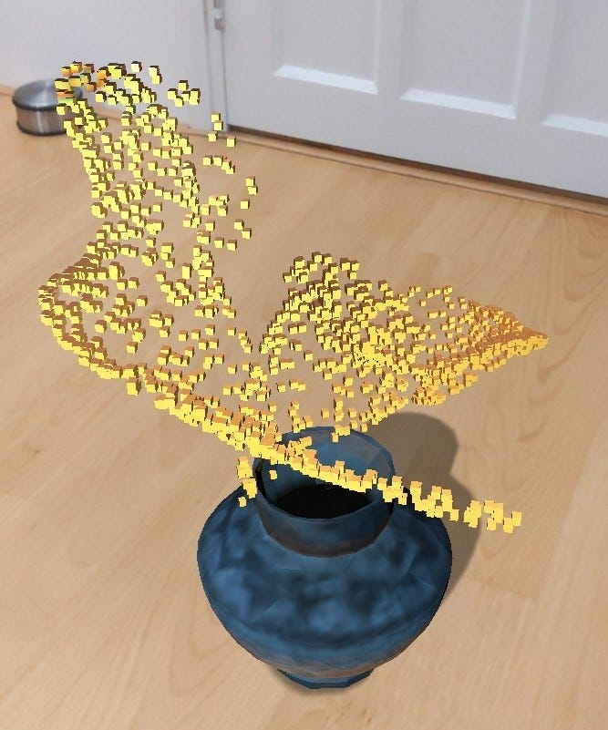 An augmented reality vase with magical cubes floating out of it.