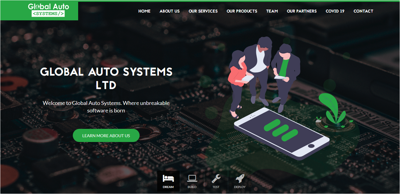 Screenshot of Global Auto Systems website, including image of mobile phone, 3 people and a growing seedling