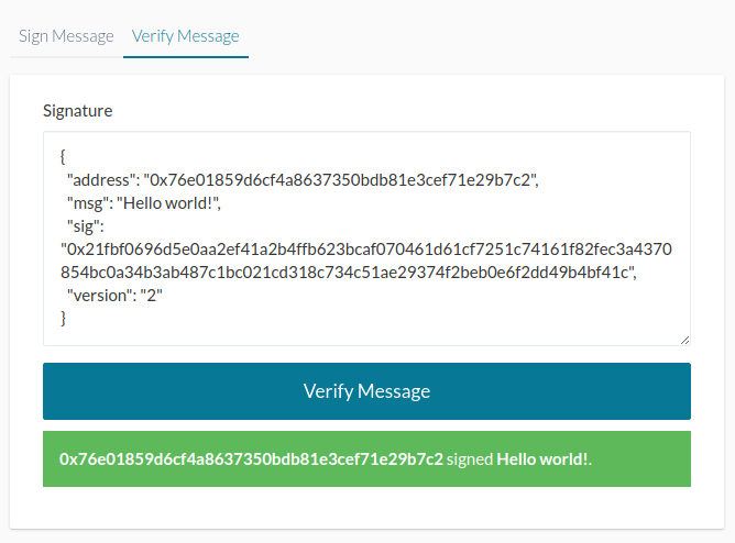 interface do MyCrypto onde está sendo verificado uma assinatura e exibindo o retorno do endereço hash