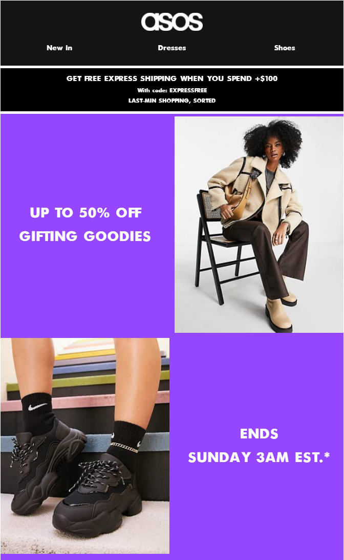 Asos uses the phrase “ends sunday 3AM EST” written in caps to urge the customers to buy their products now.