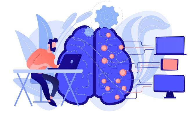 Man sitting at laptop whilst an image of a brain in the background is connected to computer screens, implying machine learning.
