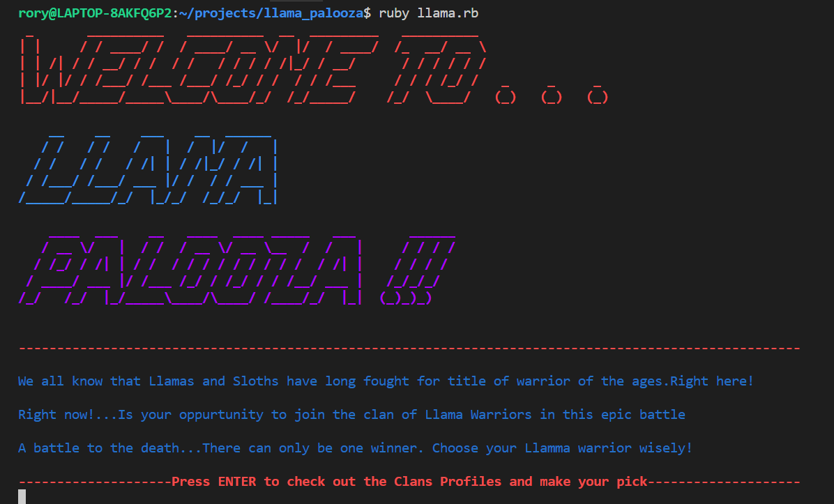 The home page of my terminal application. Llama Palooza