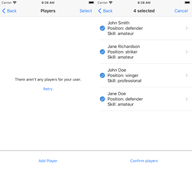 Player List and Selection Screen