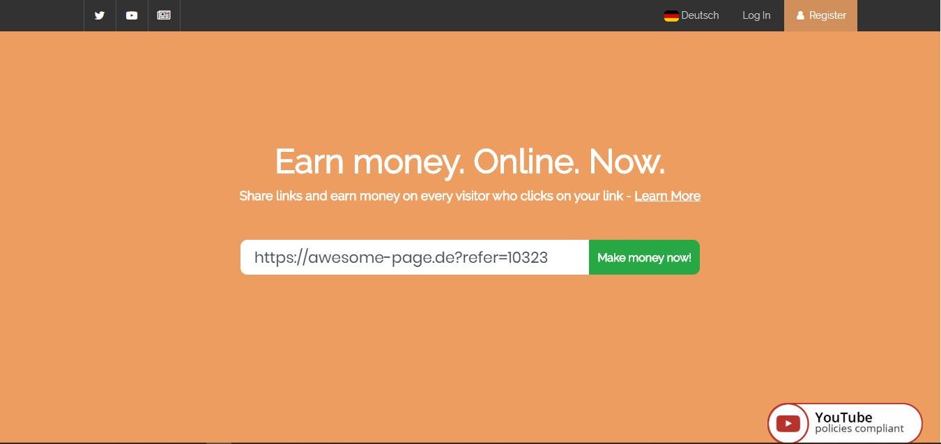 Homepage of linkvertise where you can make money right away.
