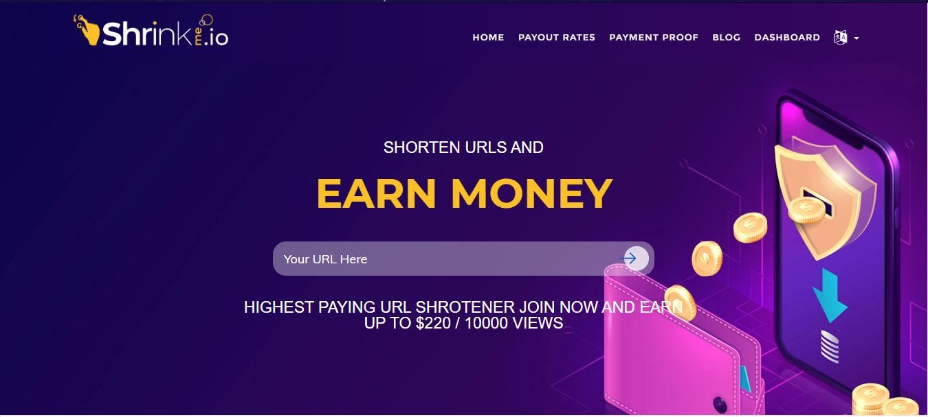 Home page of shrinkme.io where you can make money right away.