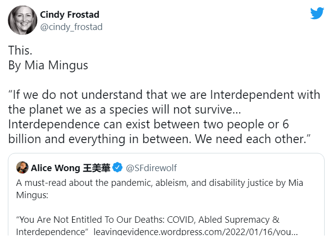 “If we do not understand that we are interdependent with the planet we as a species will not survive. Interdepence can exist between two people or 6 billion and everything in between. We need each other.”
