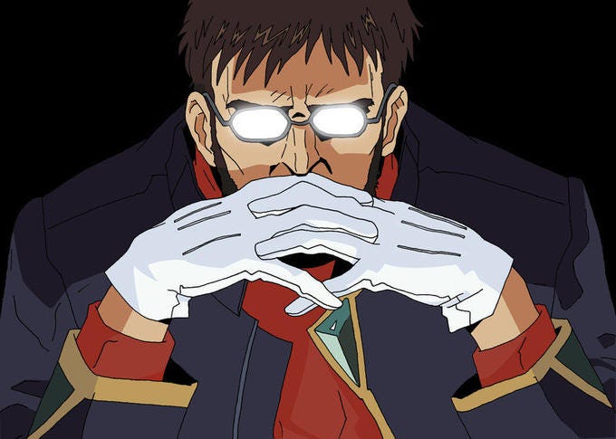 Gendou Ikari from Neon Genesis Evangelion with fingers crossed in front of his face and all-white reflections on glasses lenses