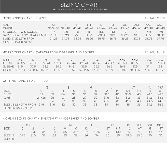 Baubax Jacket Sizing Chart