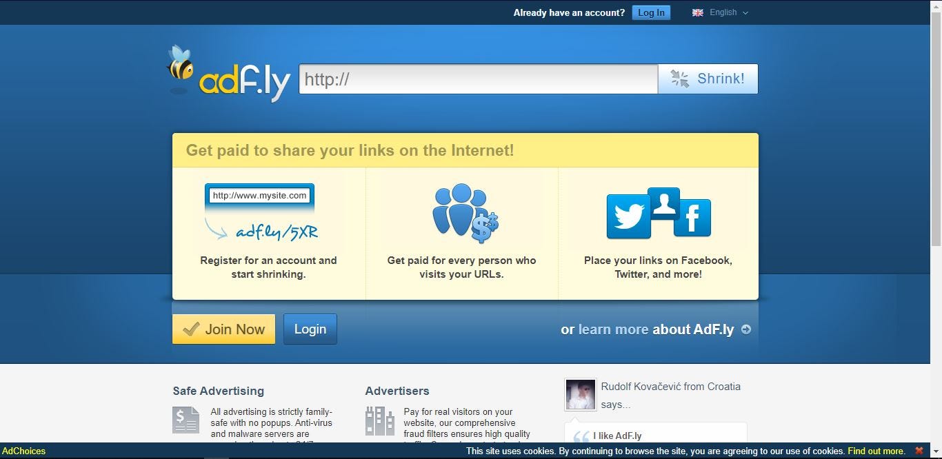 Home page of adf.ly where you can simply join and earn money. 