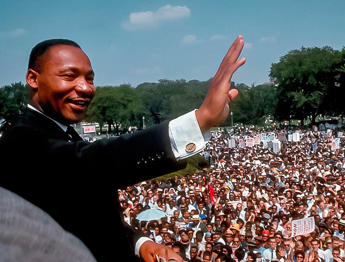 Martin Luther King Jr. talks to a crowd during the Civil Rights Movement. 
