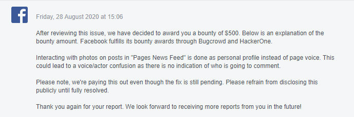 A picture with Bounty Reward Message from Facebook