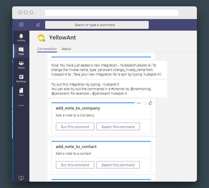 HubSpot notifications, actions, commands and workflows on Microsoft