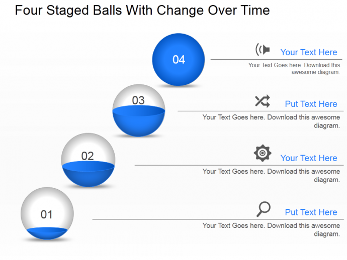 Four staged balls with change over time PowerPoint template slide