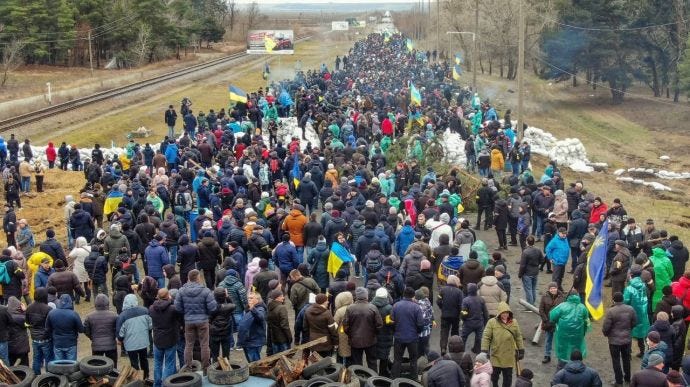 Citizens create a roadblock on a road that leads to the Zaporizhzhya Nuclear Power Plant, in Enerhodar, Ukraine, March 2, 2022.Facebook/National Guard of Ukraine