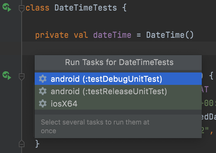 Cuplikan layar Android Studio saat melakukan semua pengujian di DateTimeTests