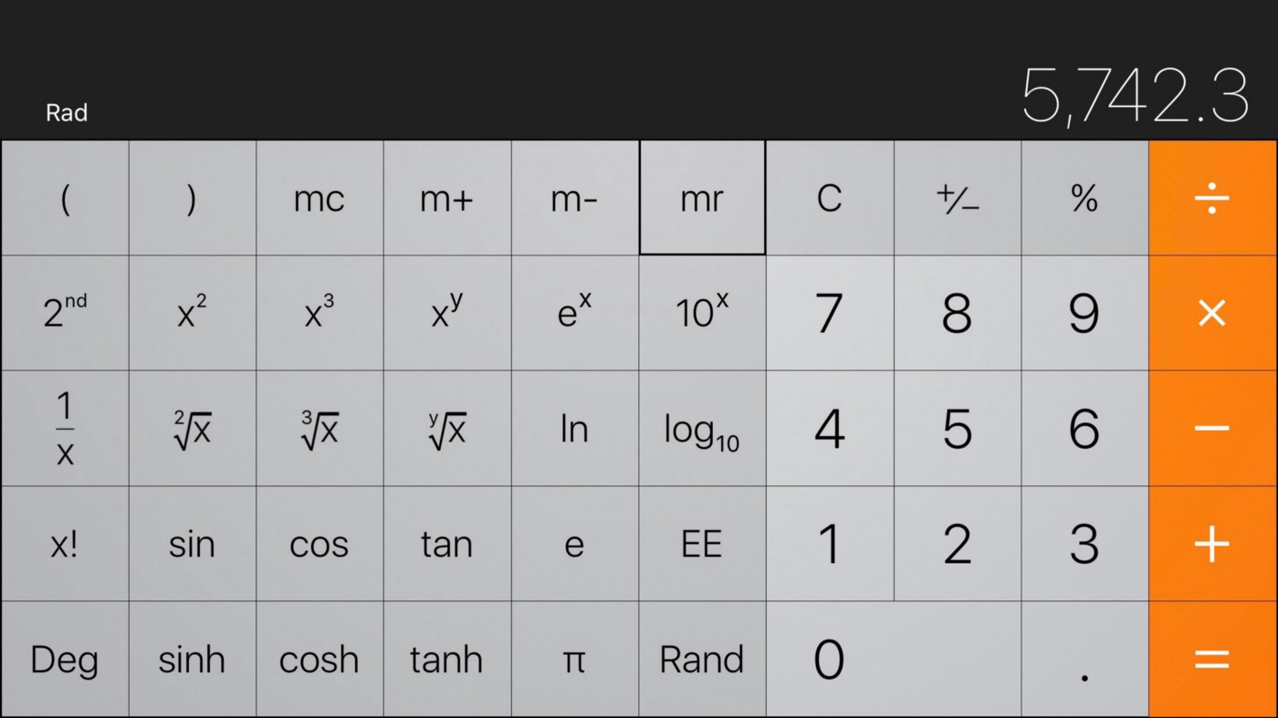 The current iOS calculator app. The design is simplified and flat, resembling a digital interface, rather than a physical one
