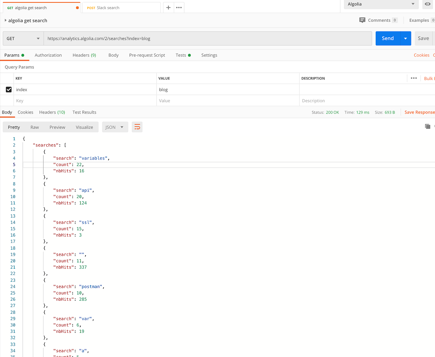 Postman Algolia API successful results