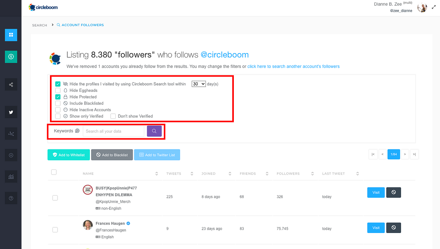 With Circleboom Twitter’s filtering options, it becomes much easier to search someone’s Twitter followers.