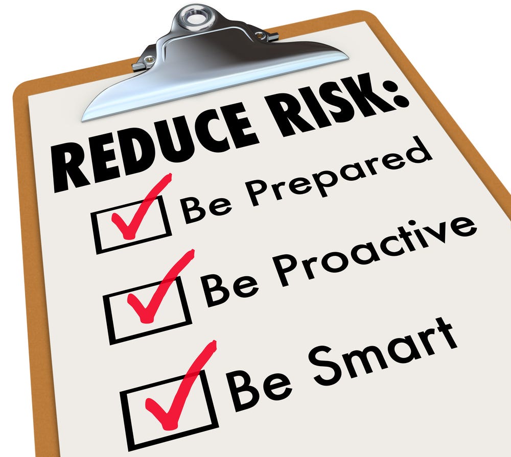 Reduce Risk words on clipboard with checkmarks for Be Prepared, Proactive and Smart to illustrate increasing safety and security through careful planning towards career mobility.