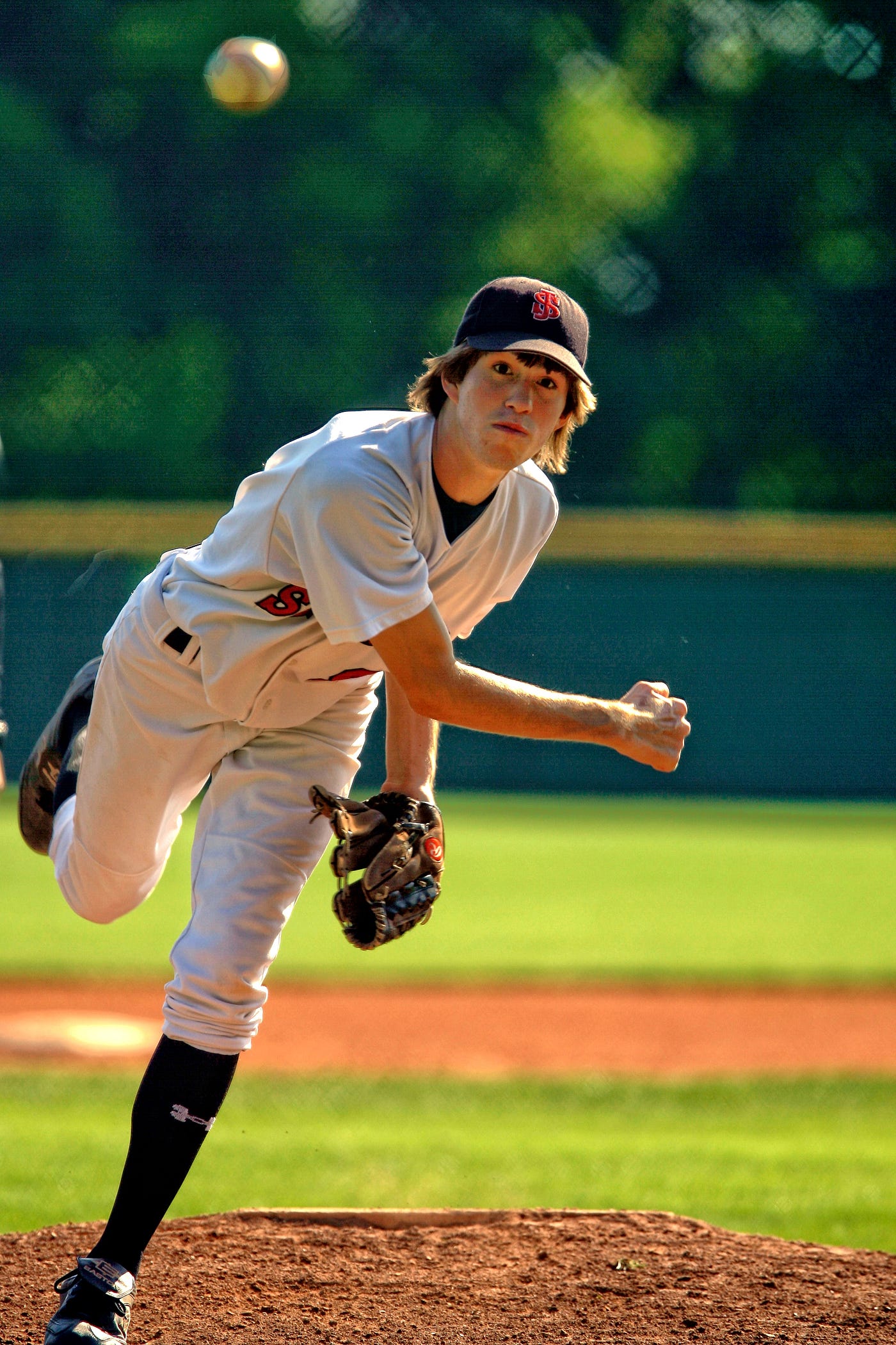 Baseball pitcher throwing ball from the mound.