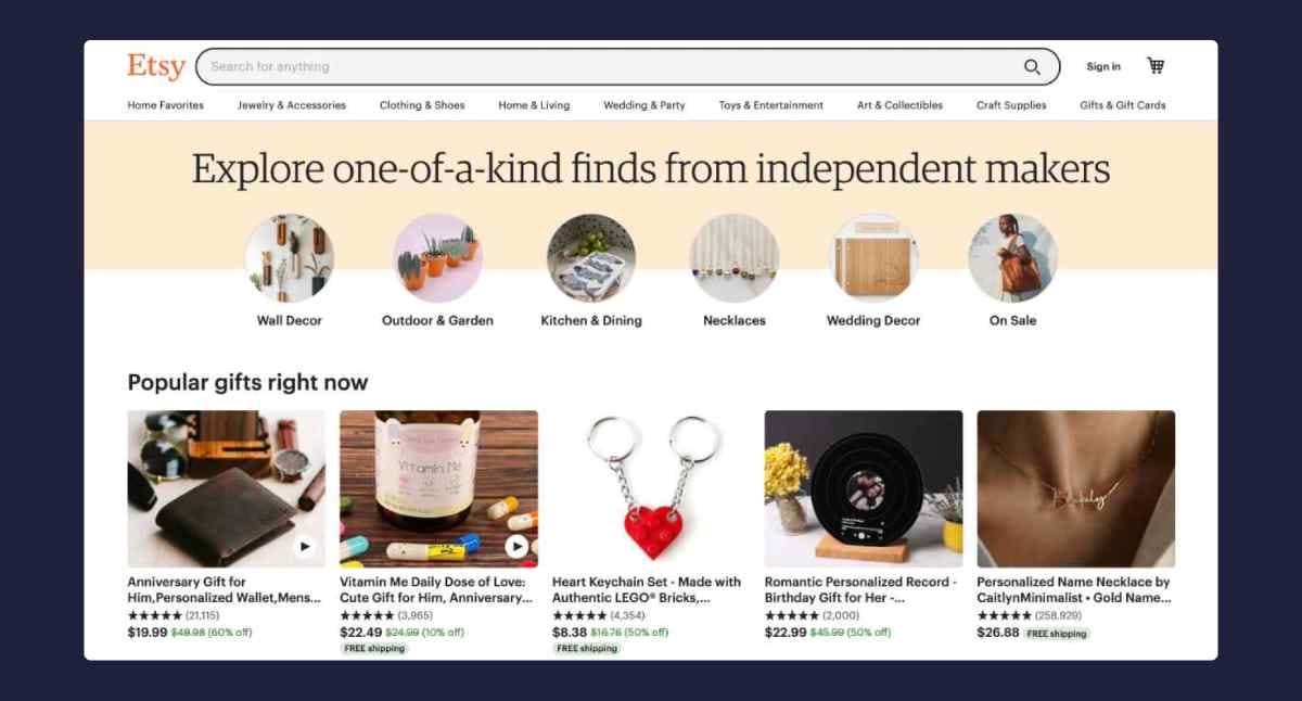 a screenshot of the information architecture on Etsy’s homepage.