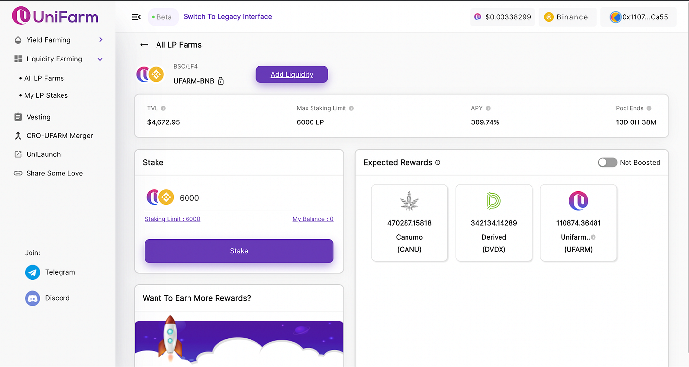 Steps to Stake at Liquidity Pool Farm by UniFarm