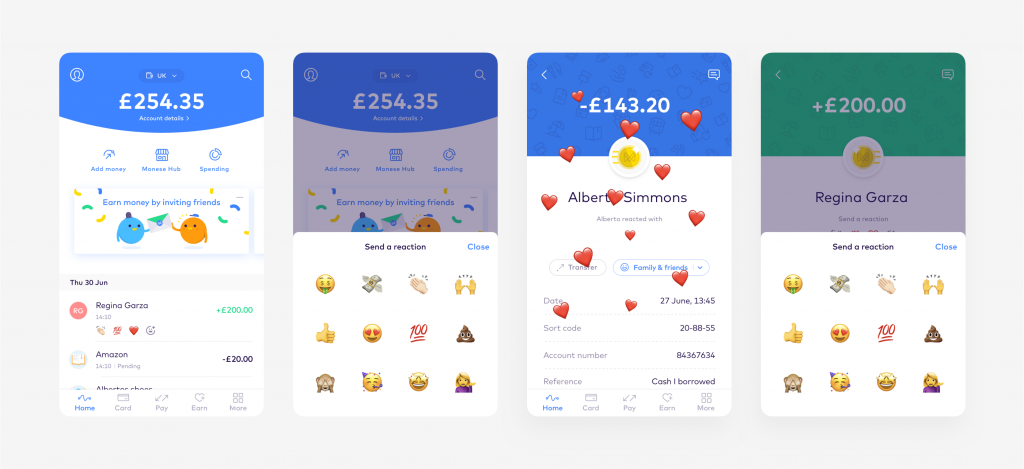 Example screens from Monese showing payment reactions with emojis