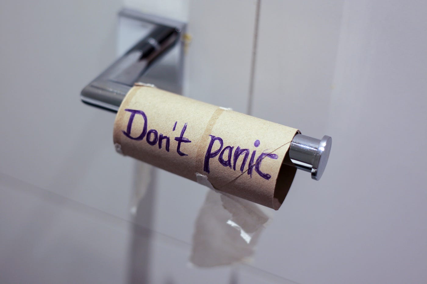 Empty toilet roll tube with the words “Don’t panic” written on it.