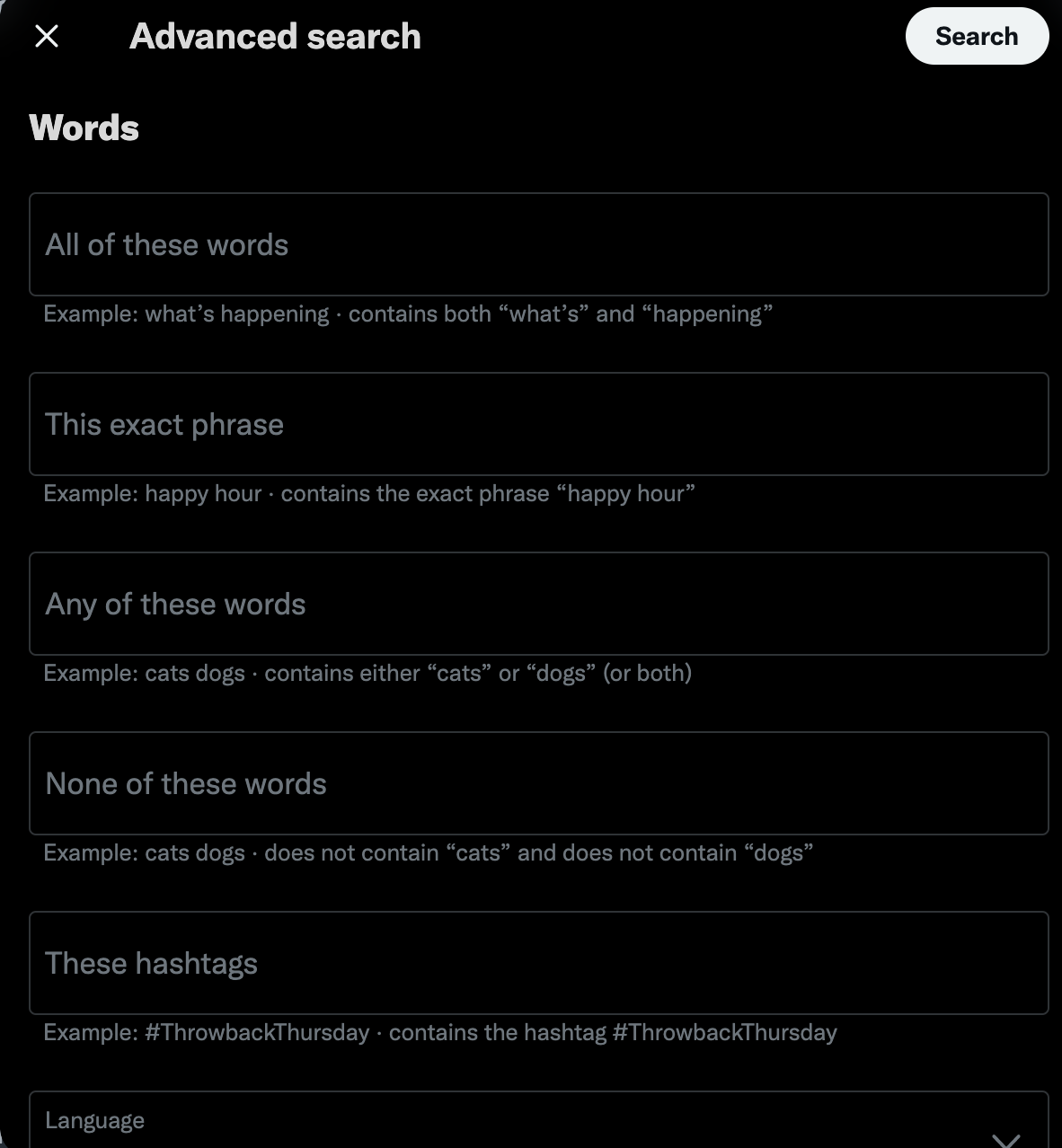 A screenshot of the dialogue box that appears when you begin an advanced Twitter search.