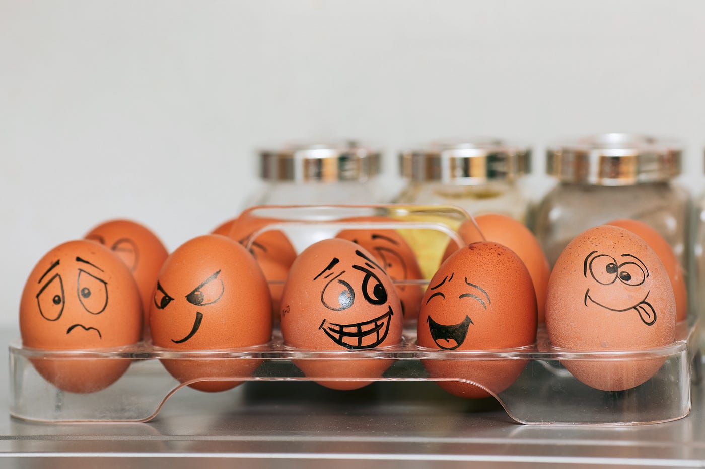 eggs with human mimic, joy, sad, angry……