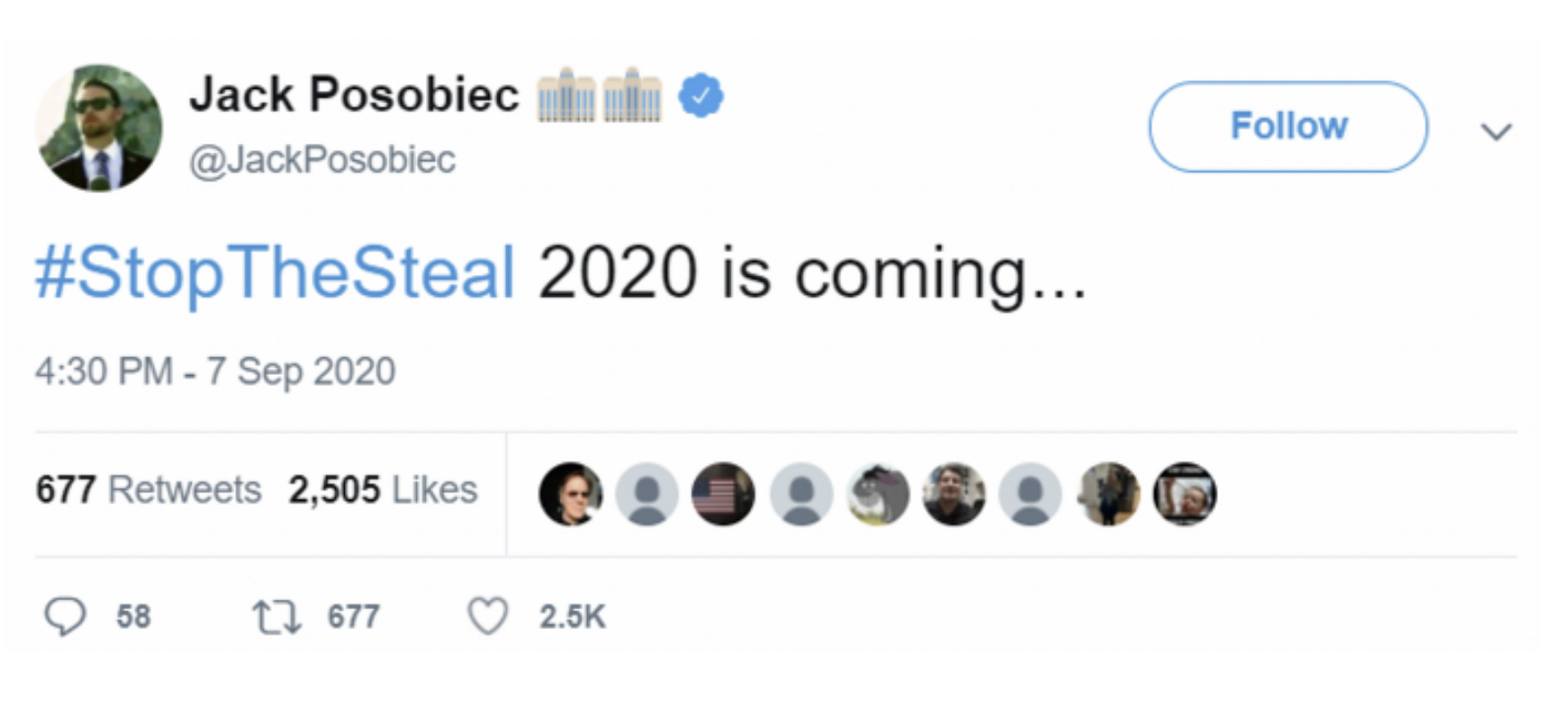 Screenshot of a Tweet reading #StopTheSteal 2020 is coming.