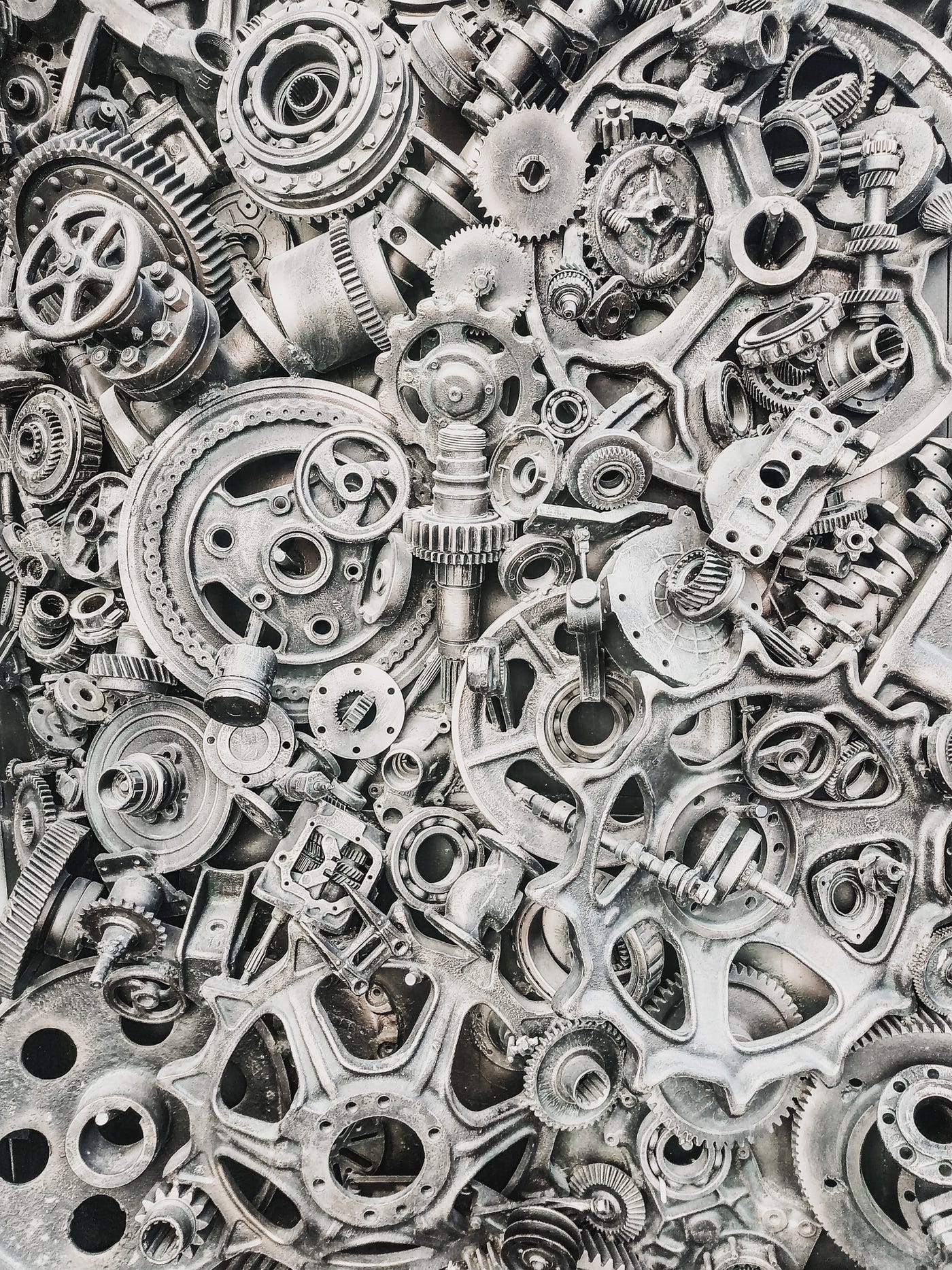 Gears and other metallic objects crowded together
