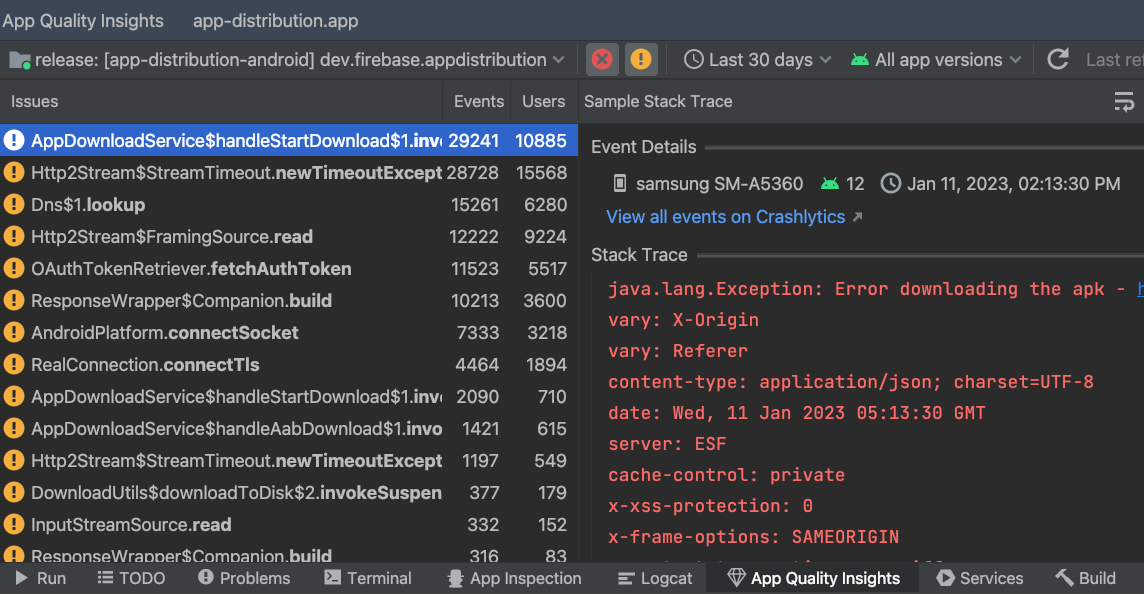 App Quality Insights window where issues are sorted by the frequency of the occurance