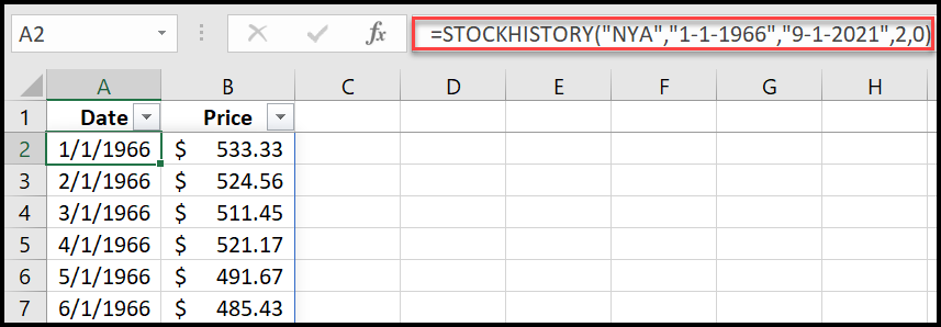 Using STOCKHISTORY function in Excel.
