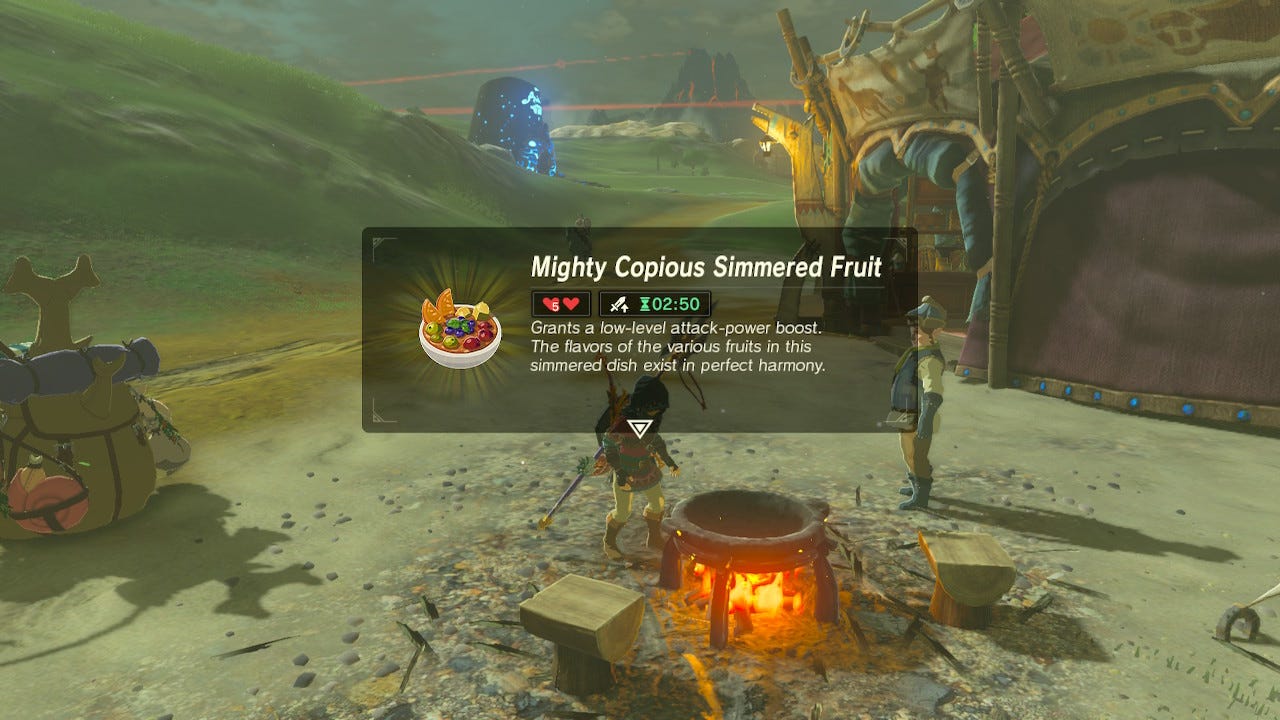 Link has made Mighty Copious Simmered Fruit using a cooking fire.