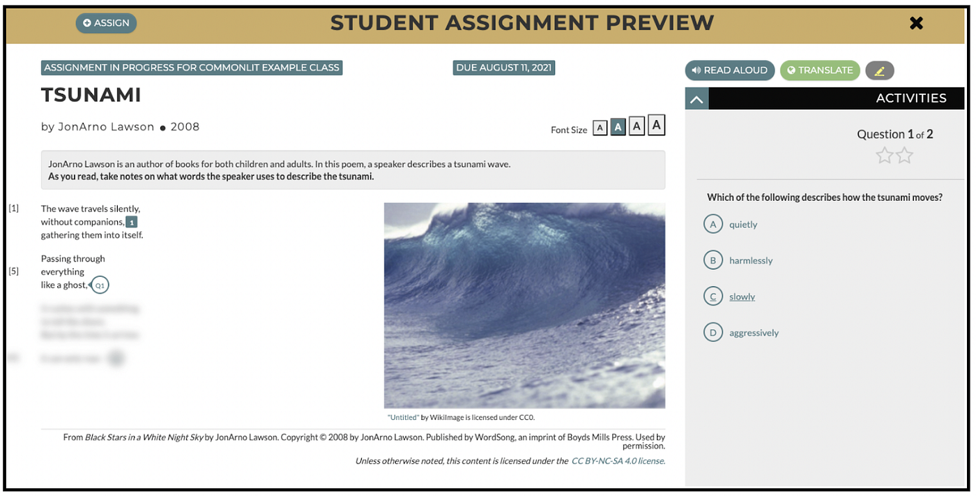 The Student Preview for the CommonLit lesson "Tsunami." Guided Reading Mode is enabled, so part of the text is blurred.