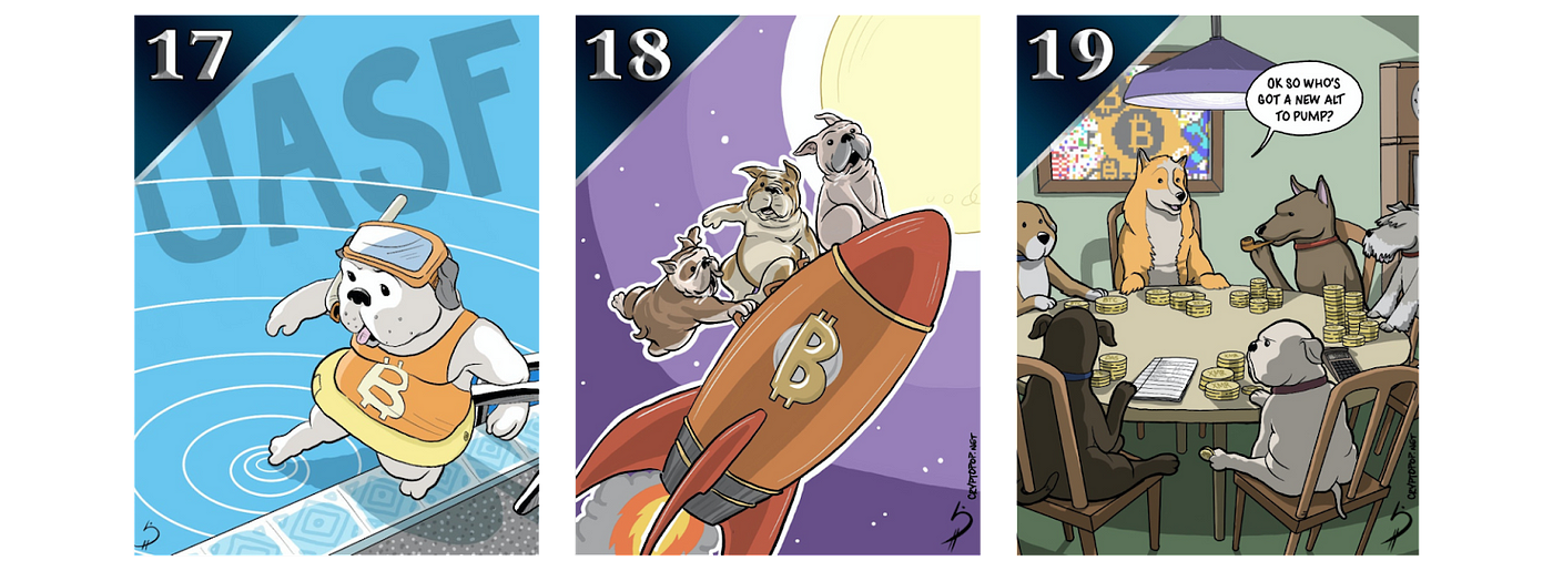 Artworks “USAF”, “To the Moon”, and “Dogs Trading” which Cryptopop submitted to Curio Cards in 2017.