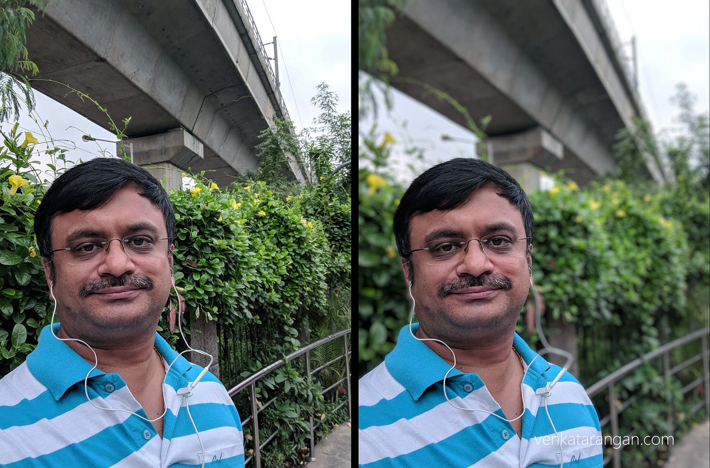 On Left Selfie from the front camera; On Right is Bokeh effect added automatically after processing, which takes a second