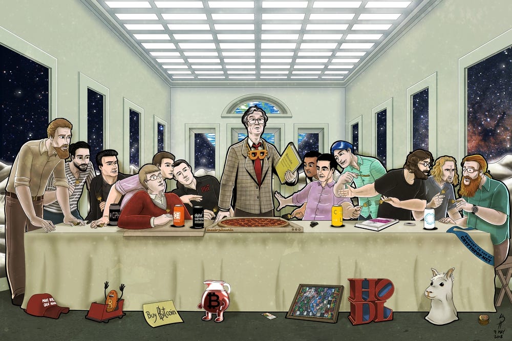 “Supper at the Bitcoin Moobase” — a 2019 ode by Cryptopop to the core developers of Bitcoin, with Dorian ‘Satoshi’ Nakamoto in the center, the man who Newsweek mistakenly thought was Satoshi.