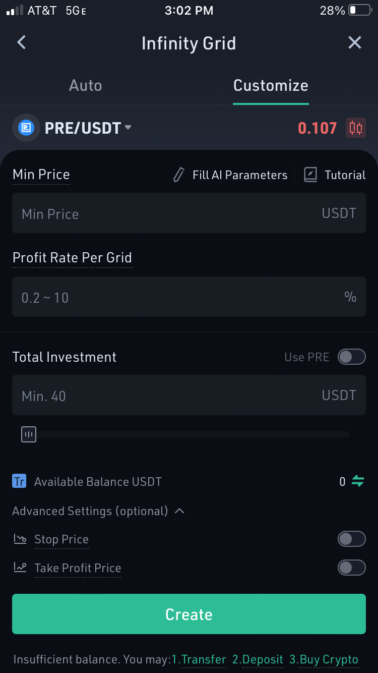 Bot de grille PRE/USDT Infinity sur Kucoin