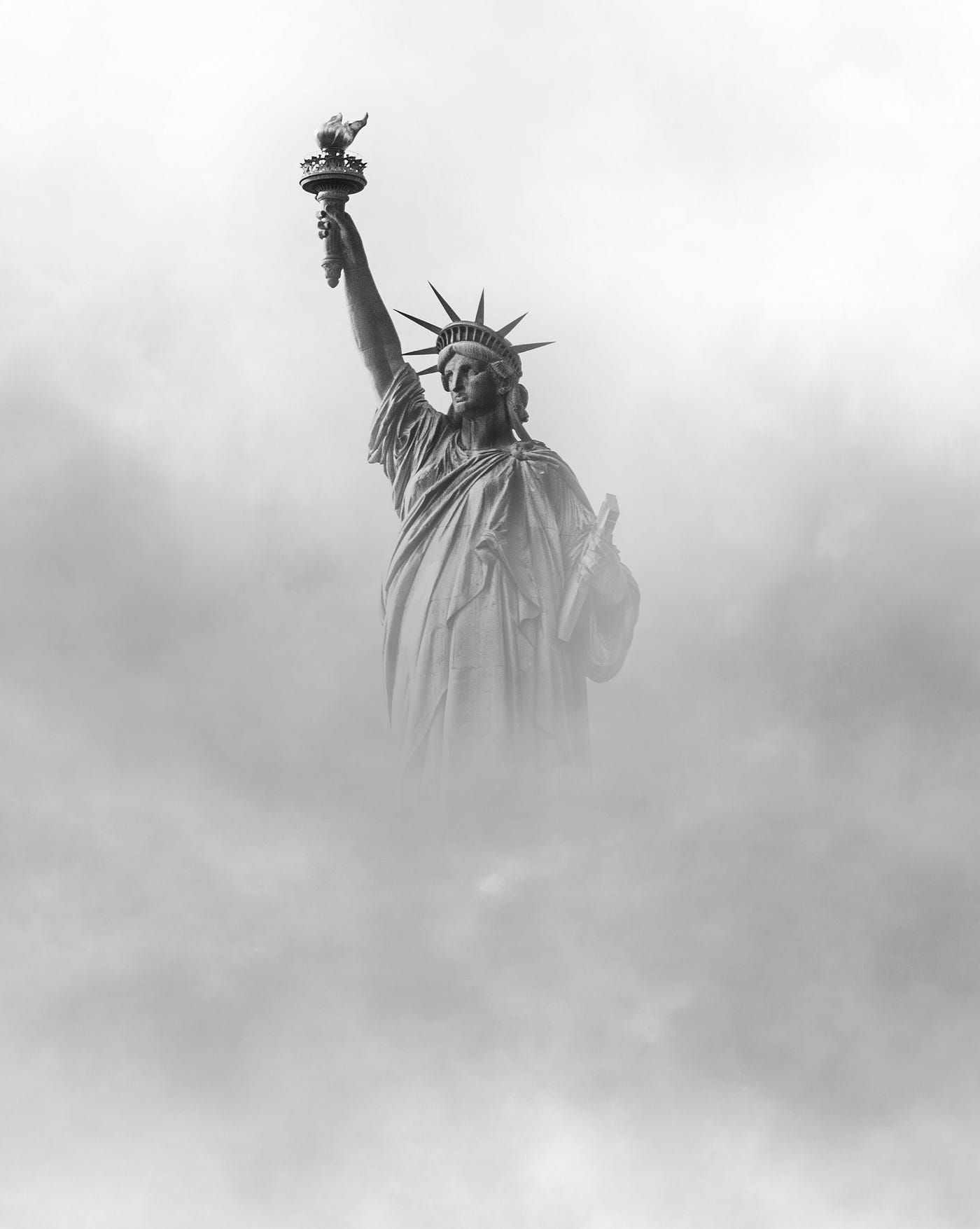 A black and white image of the Statue of Liberty emerging from the fog of dictators.
