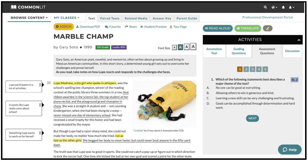 Digital annotations on the CommonLit text "Marble Champ."