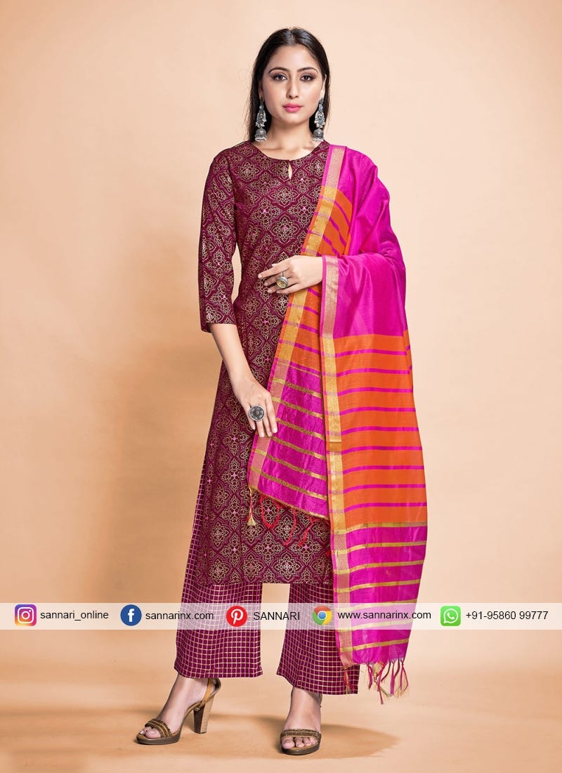 Pleasance Rayon Purple Pant Style Suit